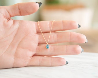 Blue Topaz  Necklace,9K,14K, 8K Solid gold,December Birthstone,Teardrop Crystal.
