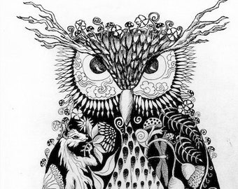 Mr Owl  pen and Ink Archival Print