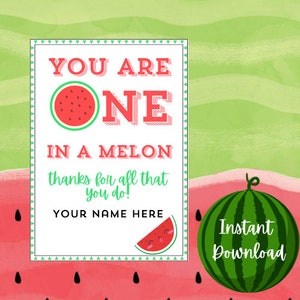 Può includere: Un biglietto di compleanno stampabile a tema anguria con il testo "You are one in a melon, thanks for all that you do!" e uno spazio per un nome. Il biglietto è decorato con illustrazioni di angurie.