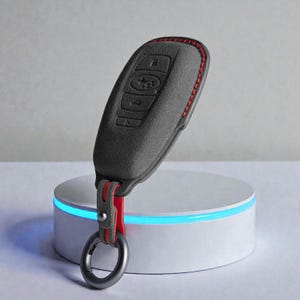 Puede incluir: Una funda negra para la llave del coche con costuras rojas y una correa roja. El llavero tiene botones para bloquear y desbloquear el coche. Un llavero plateado está unido a la correa.