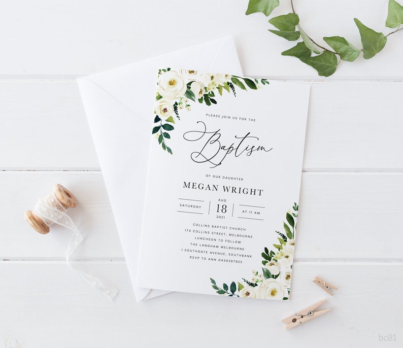White Flowers Baptism Invitation White Roses Baptism Invitation Baptism Invitation Card