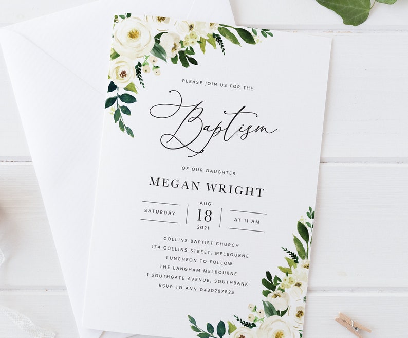 White Flowers Baptism Invitation White Roses Baptism Invitation Baptism Invitation Card