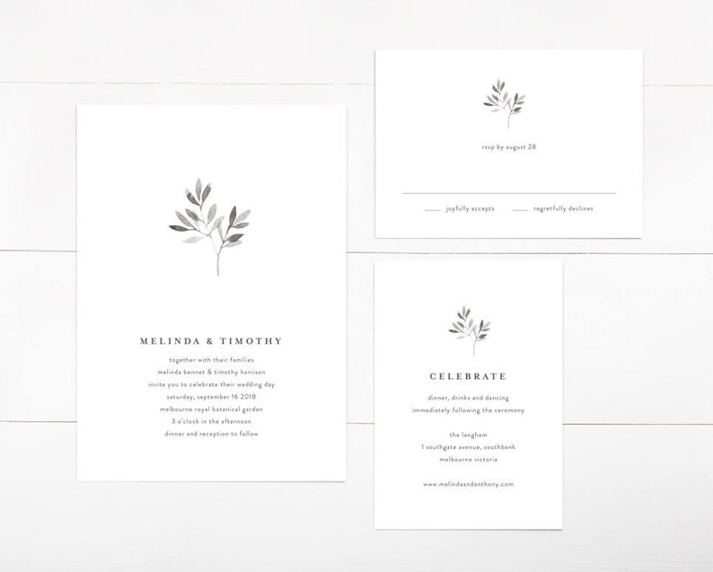 Printable Wedding Invitation Set Simple Leaves Black and Etsy