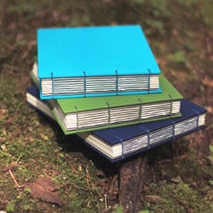 Puede incluir: Una pila de tres cuadernos hechos a mano con costuras visibles. El cuaderno superior es turquesa, el del medio es verde y el inferior es azul marino. Descansan sobre musgo y hojas.