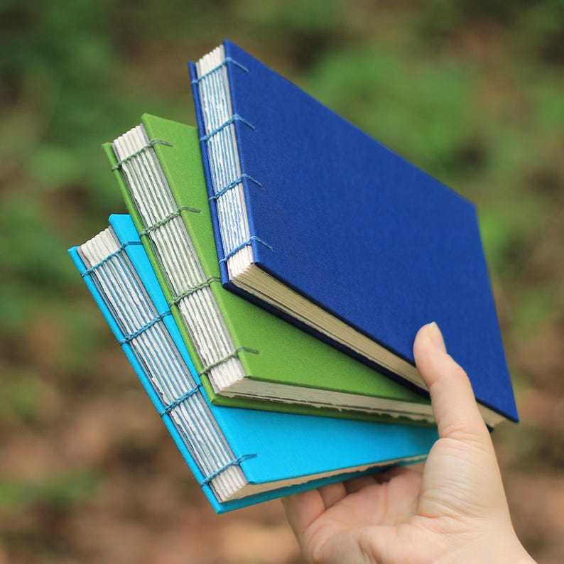 Puede incluir: Una pila de cuatro cuadernos hechos a mano en tonos azules y verdes. Las cubiertas son de color liso y las p&aacute;ginas est&aacute;n encuadernadas con costuras visibles. Los cuadernos se sostienen en una mano sobre un fondo verde borroso.