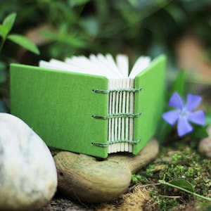 May include: A small, open green journal with white pages. The cover is a vibrant green fabric, and the pages are bound with green thread. The journal rests on a stone and wood surface, with a blurred background of greenery and a purple flower.