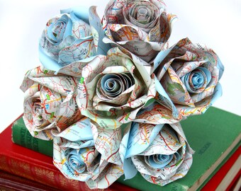 Small Paper Flower Bouquet, Upcycled Vintage Style UK Road Map Paper Roses, SAMPLE SALE, 1st Anniversary, Bridesmaid Bouquet, Wedding Decor