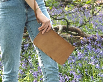 Tan Brown Leather Clutch Bag, Slim Leather Wristlet, Rustic Bridesmaid Purse, Travel Pouch, Handmade Bag