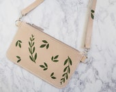 Cream Leather Shoulder Bag, Botanical Print Design, Slim Cross Body Bag, Gift for Her, Hand Painted Leather Bag