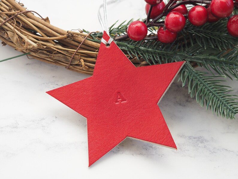 Personalised Christmas Decoration, Leather Bauble Star, Christmas Tree, Xmas Stocking Filler, Holiday Ornament 2023, Our 1st Christmas image 6