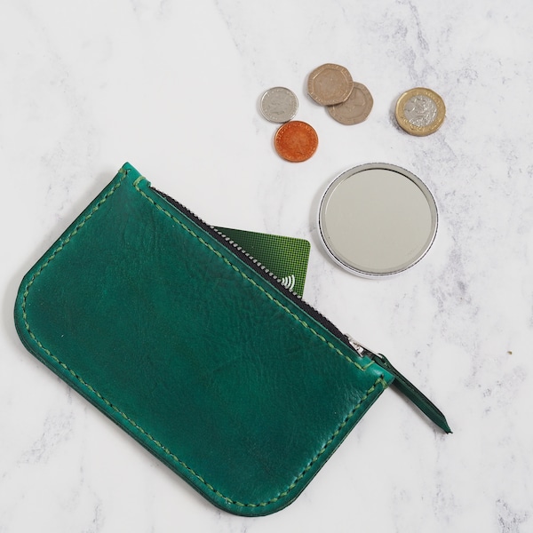 Handmade Green Leather Zip Pouch, Small Coin Purse