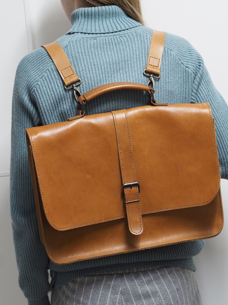 Tan Brown Leather Laptop Bag, Convertible Work Backpack, Unisex Briefcase, Handmade Shoulder Bag, Large Men's Bag, Anniversary gift for him image 1