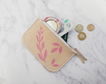 Botanical Leather Zip Purse, Small Leather Pouch, Painted Leaf Design, Card Holder, Gift for Her, Handmade Coin Purse