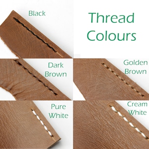 May include: Close-up of four leather straps with different colored stitching. The stitching colors are black, dark brown, golden brown, and cream white. The text "Thread Colours" is displayed above the straps.