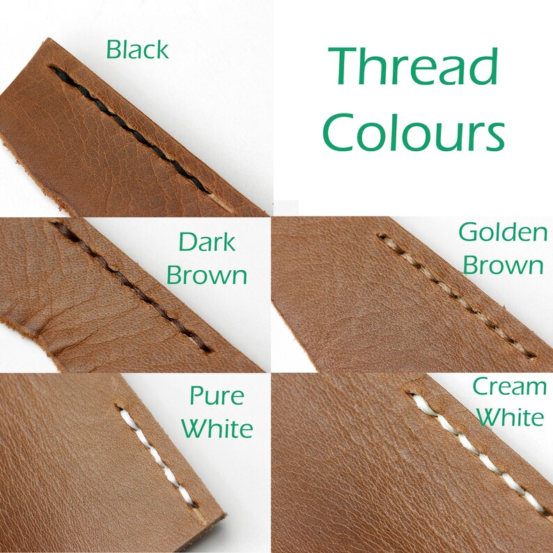 May include: Close-up of four leather straps with different colored stitching. The stitching colors are black, dark brown, golden brown, and cream white. The text "Thread Colours" is displayed above the straps.
