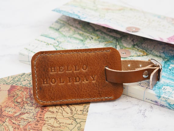 Leather Luggage Tag, Personalised Leather Travel Tag, Leather Anniversary Gift for Him, Tan Brown Hand Stitched Leather