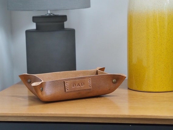 Small Leather Rectangular Coin Tray, Personalised Christmas Gift for Dad, Home Office Desk Tidy, Bed Side Table, Husband