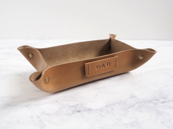 Small Leather Rectangular Coin Tray, Personalised Gift for Dad, Home Office Desk Tidy, Bed Side Table, Husband