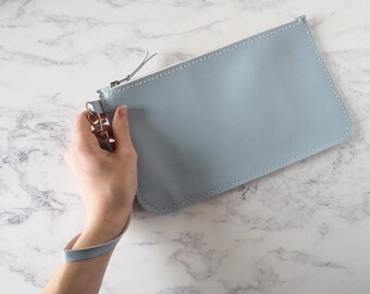 Pastel Blue Leather Clutch Bag, Sky Blue Wristlet Bag, Baby Blue Evening Bag, Gift for Her, Handmade Travel Pouch