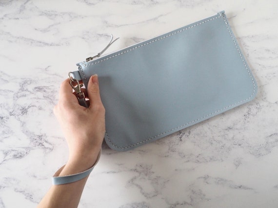 Pastel Blue Leather Clutch Bag Sky Blue Wristlet Bag Baby Blue