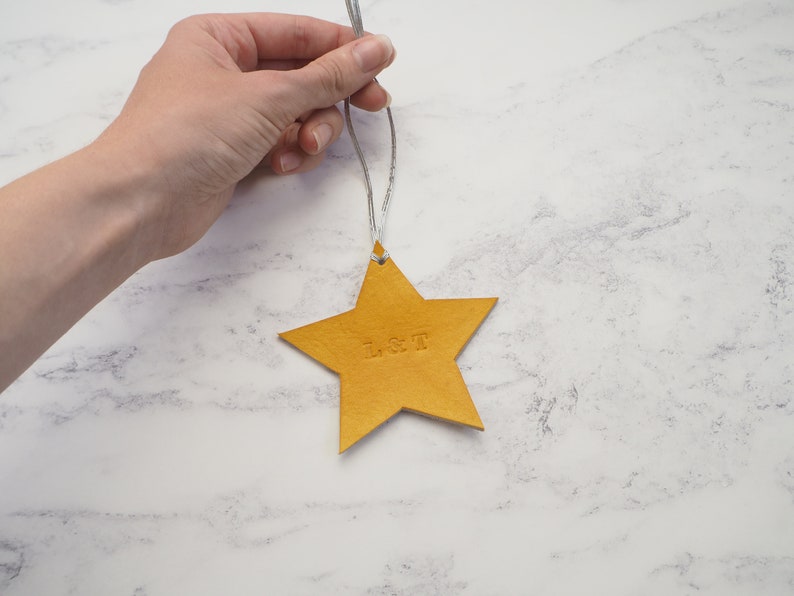 Personalised Christmas Decoration, Leather Bauble Star, Christmas Tree, Xmas Stocking Filler, Holiday Ornament 2023, Our 1st Christmas image 9