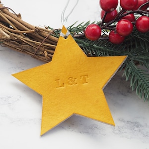 Personalised Christmas Decoration, Leather Bauble Star, Christmas Tree, Xmas Stocking Filler, Holiday Ornament 2023, Our 1st Christmas image 1