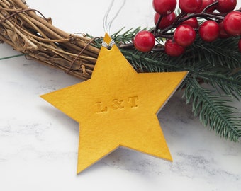 Personalised Christmas Decoration, Leather Bauble Star, Christmas Tree, Xmas Stocking Filler, Holiday Ornament 2023, Our 1st Christmas