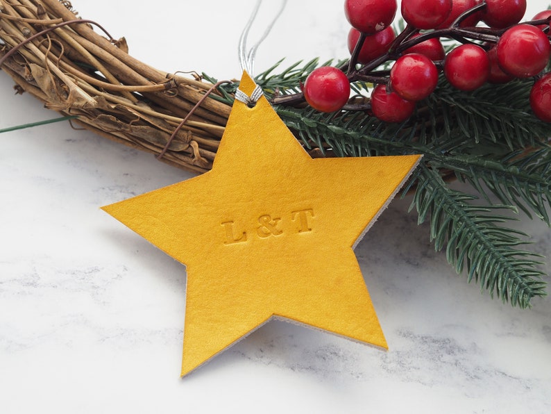 Personalised Christmas Decoration, Leather Bauble Star, Christmas Tree, Xmas Stocking Filler, Holiday Ornament 2023, Our 1st Christmas image 1