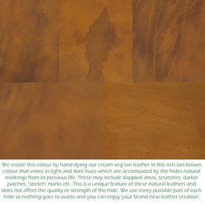 May include: Close-up of a rich tan brown leather with a natural, mottled texture. The leather has a cream base with darker hues and markings, creating a unique and rustic look.