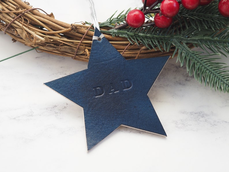 Personalised Christmas Decoration, Leather Bauble Star, Christmas Tree, Xmas Stocking Filler, Holiday Ornament 2023, Our 1st Christmas image 4