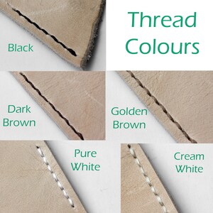 May include: Close-up of leather with different colored stitching. The stitching colors are black, dark brown, golden brown, pure white, and cream white. Thread Colors.