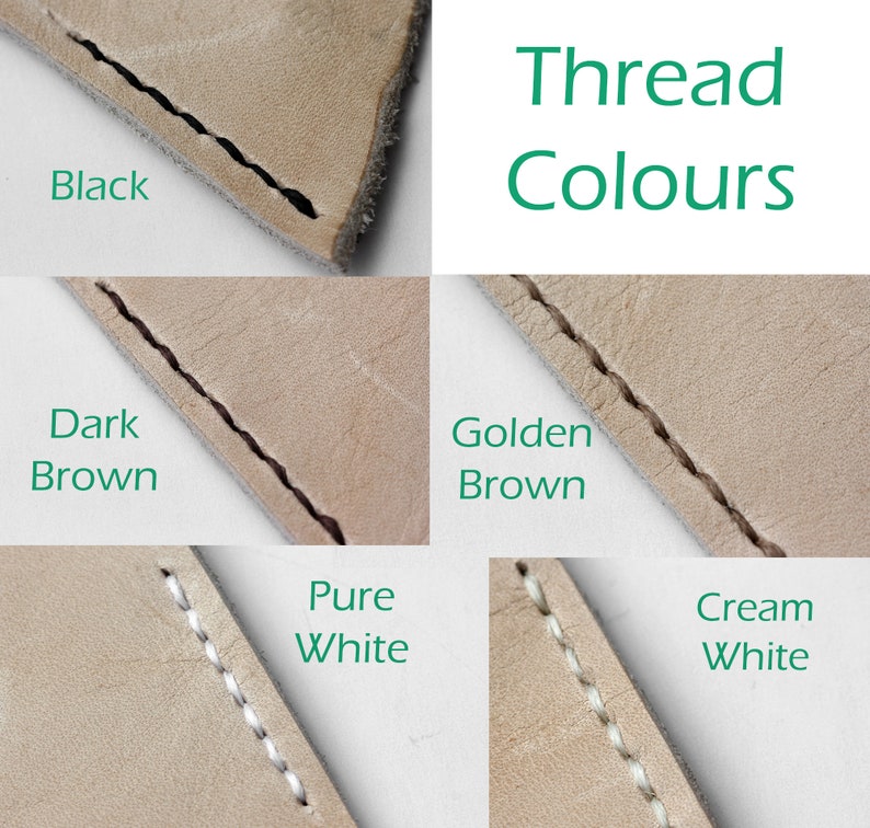 May include: Close-up of leather with different colored stitching. The stitching colors are black, dark brown, golden brown, pure white, and cream white. Thread Colors.