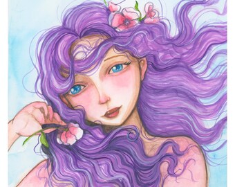Original Whimsical Watercolor Portrait – Princess with Purple Hair