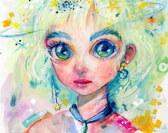 Whimsical Space Girl Original Ink Artwork, Celestial Child Illustration, Cosmic Wall Art, Ethereal Character Design,Hand Painted Fantasy Art