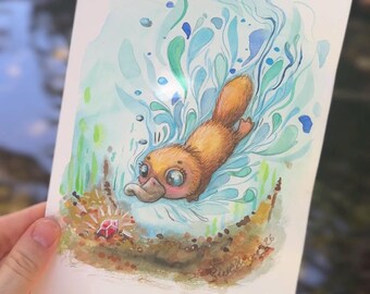 Gouache Original Art - Deep Diver - Storytelling Art - Whimsical Handmade Artwork on paper