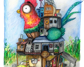 Whimsical Chicken House Illustration, Ironic Chicken Shop Artwork, Traditional 2D Hand Drawn Art, Colorful Storybook Wall Decor