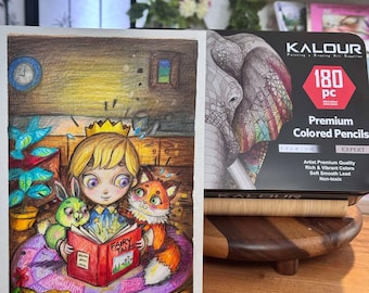 Original Coloured Pencil Artwork - Whimsical Prince Reading Fairy Tales with Animal friends!
