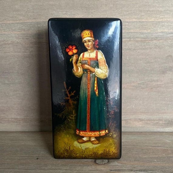 Vintage Russian Lacquer Box Hand Painted Woman in Folk Dress Black Lacquer Art