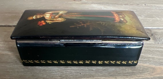 Vintage Russian Lacquer Box Hand Painted Woman in Folk Dress Black Lacquer Art View 5