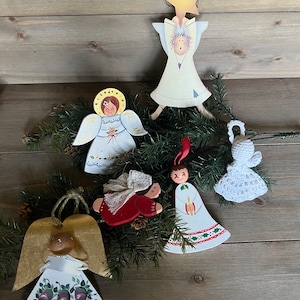 Set of Six Handmade Angel Ornaments – Vintage & Folk-Art Christmas Decor