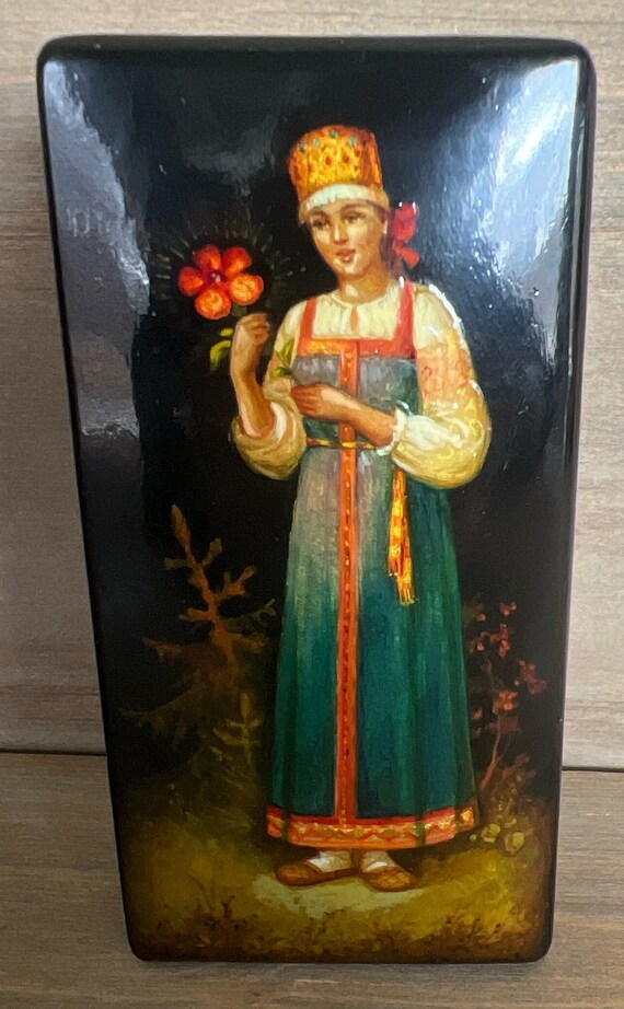 Vintage Russian Lacquer Box Hand Painted Woman in Folk Dress Black Lacquer Art View 3