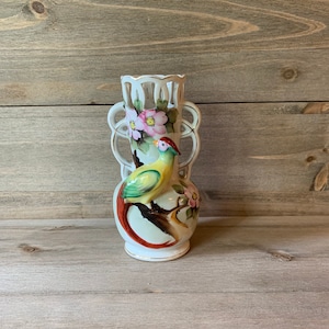 Occupied Japan China, Pheasant Bird Vase with Gilt Gold Trim