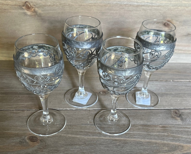 Vintage Cordial Stemware Glass Wrapped in Pewter Set of Four Etsy