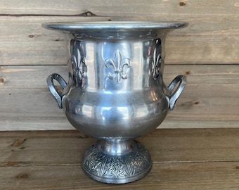Vintage Fleur De Lis Champagne Cooler French Country Silvertone Wine Bucket Hollywood Regency Urn