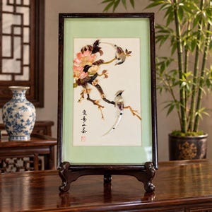 Vintage Asian Shell Art Shadow Box: Birds, Blossoms, Mother of Pearl Wall Hanging - Easel Not Included