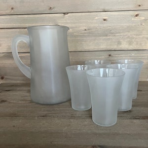 Vintage Frosted Glass Pitcher and Glasses