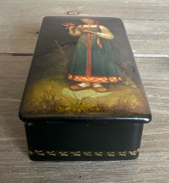 Vintage Russian Lacquer Box Hand Painted Woman in Folk Dress Black Lacquer Art View 4
