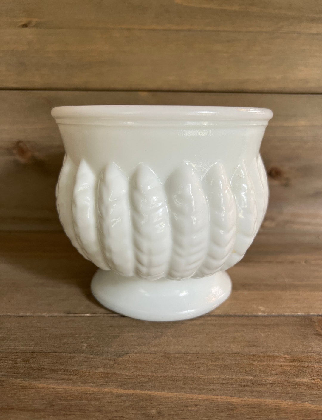 Vintage RANDALL White Milk Glass Flower Vase Planter Bowl Feather Wheat