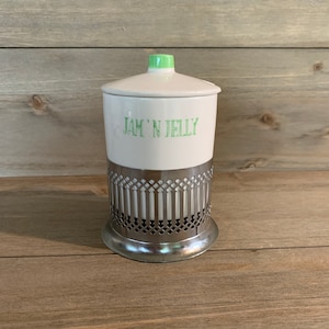 Vintage Condiment Jar with Lid Labeled Jam n Jelly with Chrome Plated Base