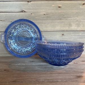 Indiana Windsor Blue - Federal Glass - Button and Cane Pattern - Blue Depression Glass - Your Choice Divided Relish Dish or Bowl